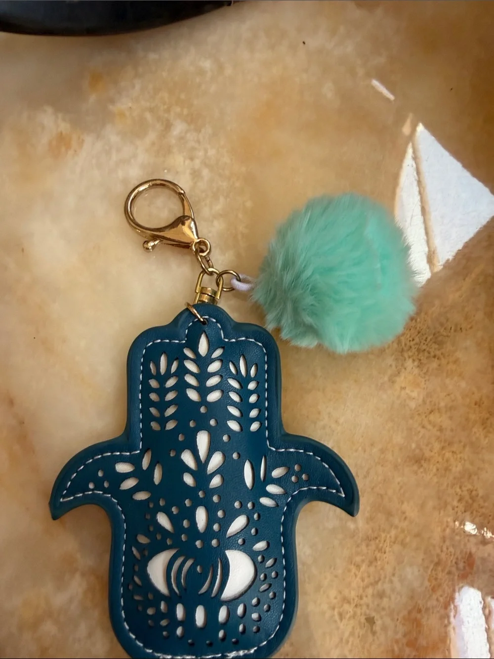 Teal Hamsa Keychain with Mint Pom Pom - Gold Hardware